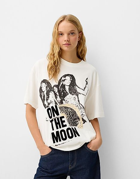 Bershka Oversize-T-Shirt Mit Print Damen S Rohweiß günstig online kaufen