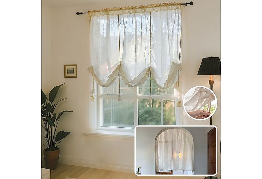 Jibenhome Raffrollo Vintage Raffgardine Stangentasche,Halbtransparent Leine günstig online kaufen