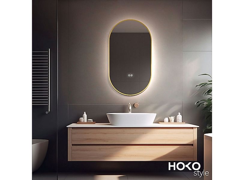 HOKO Badspiegel mit beleuchtung+Antifog, Oval Schwarz / Gold+45x75 /50x90 / günstig online kaufen