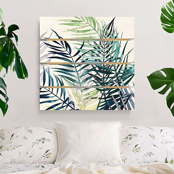 Holzbild Plankenoptik Blumen - Quadrat Exotisches Blattwerk - Palme günstig online kaufen