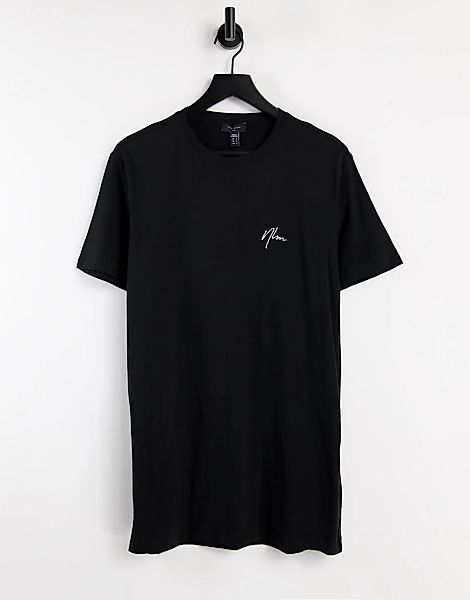New Look – Longline-T-Shirt mit „NLM“-Stickerei in Schwarz günstig online kaufen