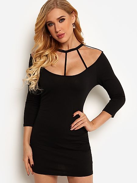 Schwarz ausgeschnitten 3/4 Länge Ärmel Mini Bodycon Kleid günstig online kaufen
