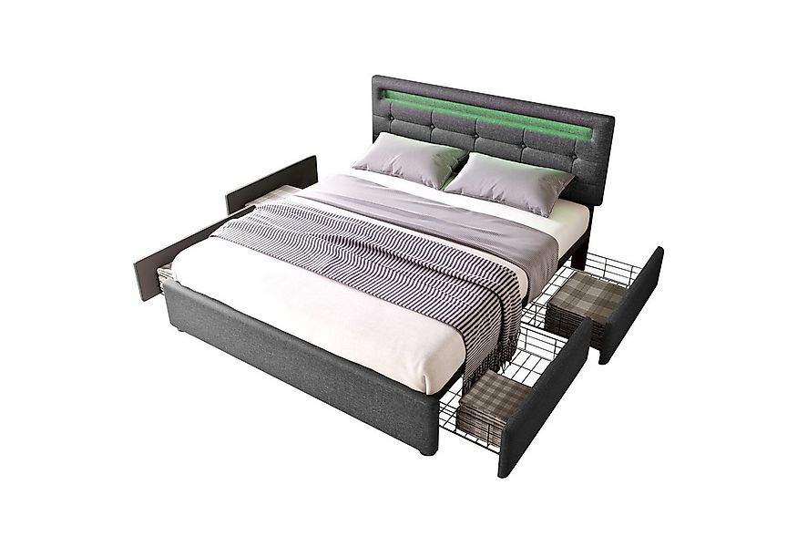 Flieks Polsterbett, LED-Beleuchtung Doppelbett 4 Schubladen Leinen 140x200c günstig online kaufen