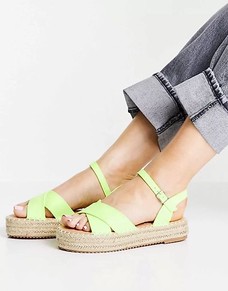 Glamorous – Espadrilles-Sandalen in Limettengrün mit flacher Plateausohle günstig online kaufen