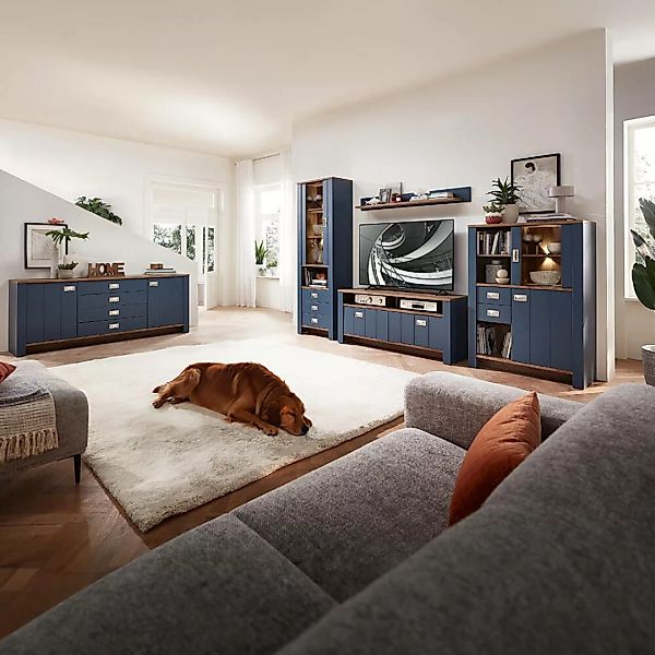 Wohnwand blau DEVON-36 Landhaus mit Details in Eiche Nb. 5-teilig, inkl. Si günstig online kaufen