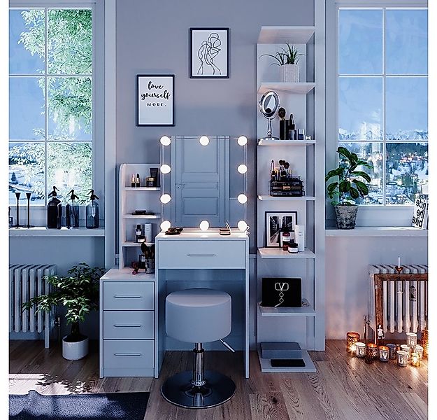 Vicco Schminktisch Conrada, Weiß, 80 cm mit LED Beleuchtung und Hocker günstig online kaufen