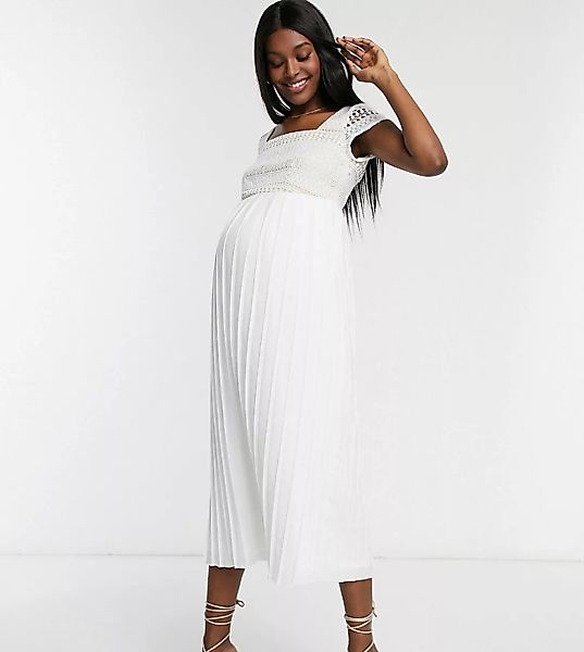 Little Mistress Maternity – Weißes Midaxikleid mit plissierter Spitze günstig online kaufen