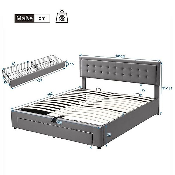 HAUSS SPOLE Polsterbett 180x200cm Hydraulisch Bett mit Kopfteil, 2 Schublad günstig online kaufen