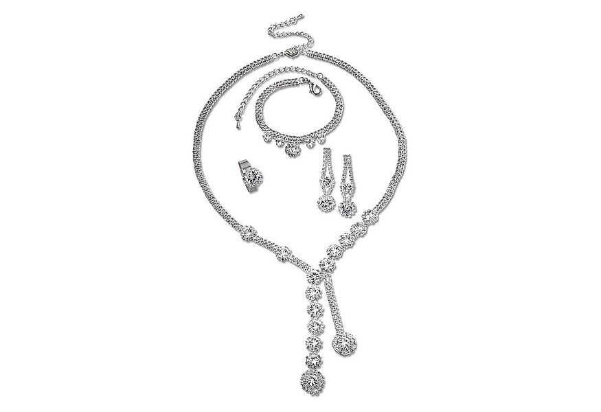 Steuer Collierkettchen Kette Ohrringe Armband Ring Metall glanz Strass weiß günstig online kaufen