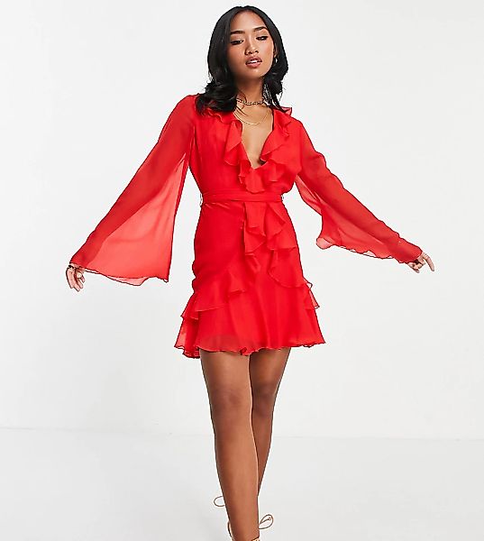 ASOS DESIGN Petite – Minikleid in Rot mit Rüschen, Bindegürtel und weiten Ä günstig online kaufen