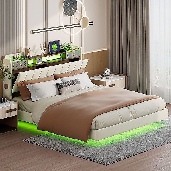 Flieks Polsterbett, LED Schwebebett Doppelbett 160x200cm günstig online kaufen