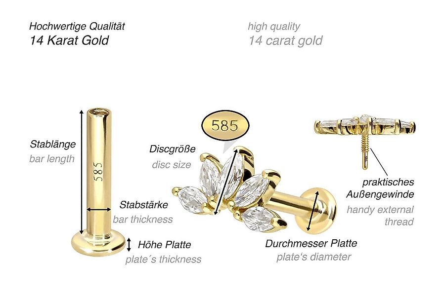 PIERCINGLINE Piercing-Set 14 Karat Gold Labret mit Innengewinde MOISSANIT-L günstig online kaufen