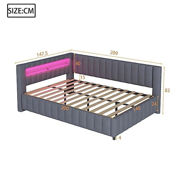 Flieks Daybett, Polsterbett Schlafsofa 140x200cm mit LED-Licht und USB-Lade günstig online kaufen