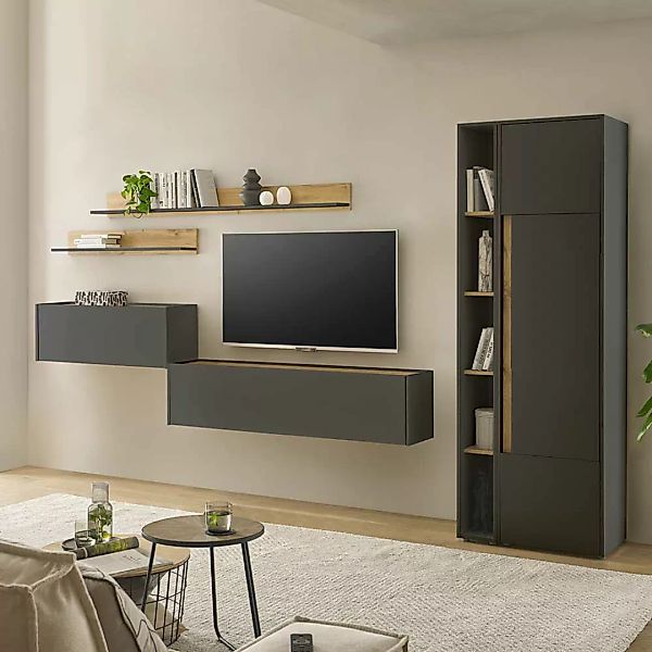 TV Wohnwand mit Sekretär in Anthrazit Wildeichefarben (sechsteilig) günstig online kaufen