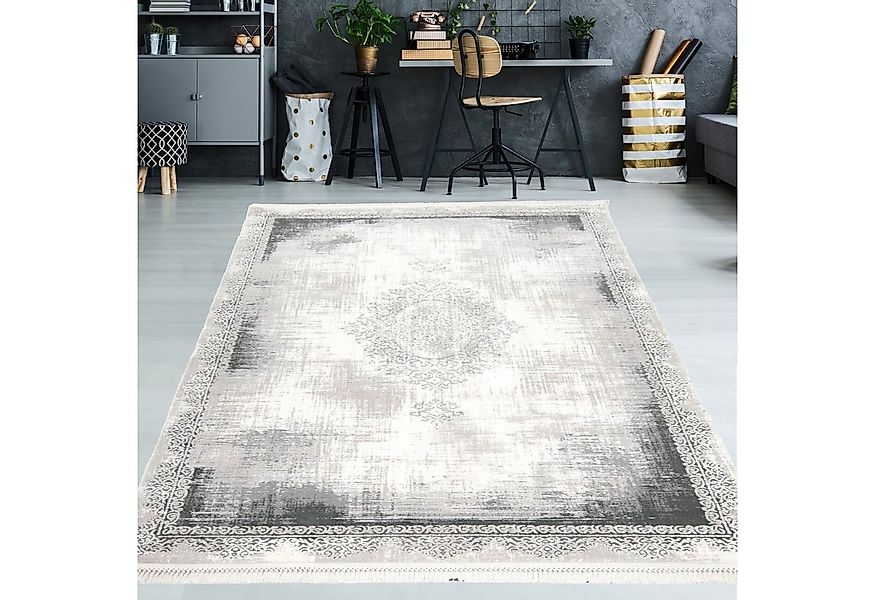 TeppichHome24 Teppich Wollteppich mit Verzierungen & Fransen in grau, recht günstig online kaufen