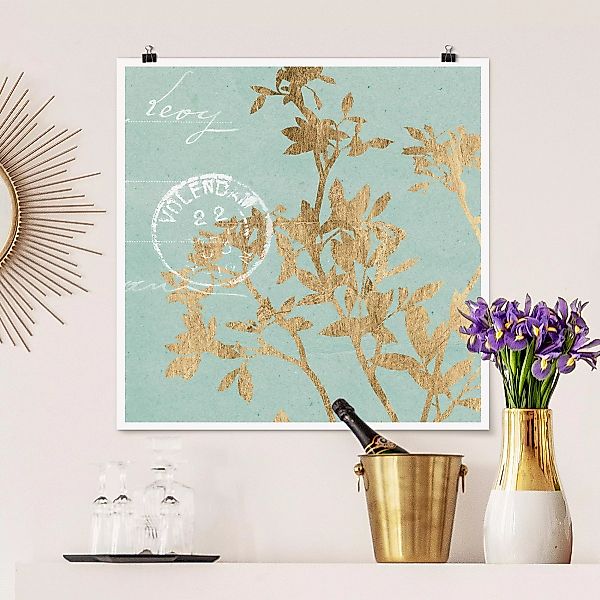 Poster - Quadrat Goldene Blätter auf Turquoise II günstig online kaufen