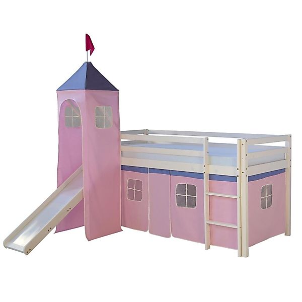 Homestyle4u Hochbett 90x200 mit Vorhang Lattenrost Matratze Rutsche Turm in günstig online kaufen