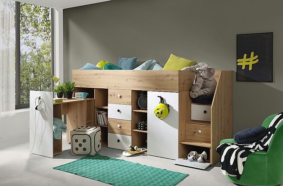 QMM TraumMöbel Hochbett SAM 3 mit Schreibtisch Schrank Regalen & Treppe Rec günstig online kaufen