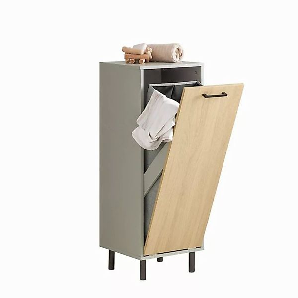 SoBuy Wäscheschrank mit ausklappbarem Wäschesack Holz Metall Naturgrau BZR1 günstig online kaufen