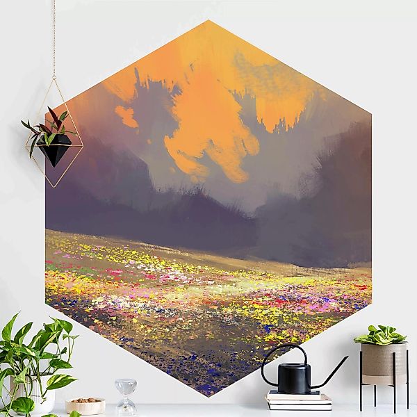 Hexagon Mustertapete Gemalte Anime Landschaft günstig online kaufen