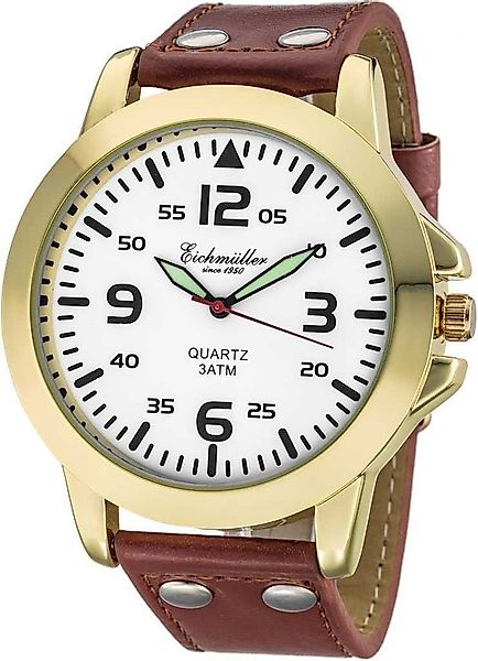 Eichmüller Quarzuhr Herrenuhr mit weißem Zifferblatt & braunem Lederarmband günstig online kaufen