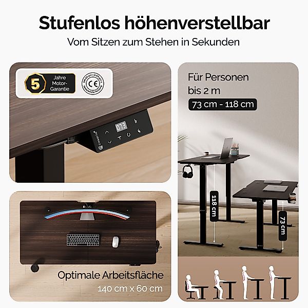 Casaria Schreibtisch, Höhenverstellbar Elektrisch 140x60cm LCD- günstig online kaufen