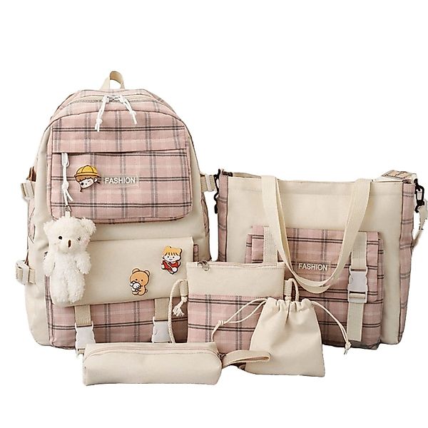 Coonoor Schulrucksack 5-teiliges Kawaii-Rucksack-Set mit Karomuster, günstig online kaufen