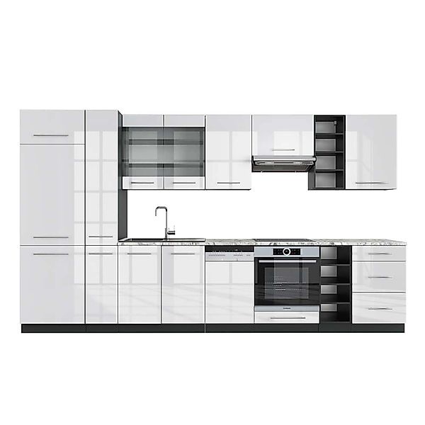 Vicco Fame-Line Küchenzeile Weiß Hochglanz/Anthrazit 355 cm AP Marmor günstig online kaufen