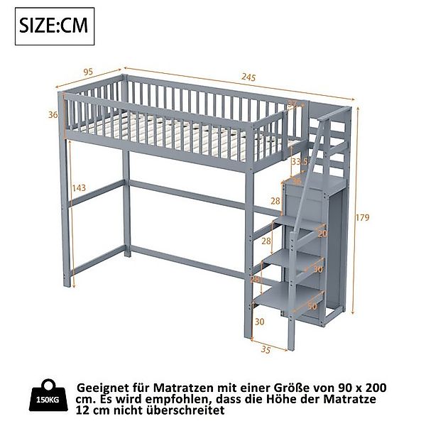 Flieks Hochbett Massivholz Kinderbett 90x200cm mit Treppe und Kleiderstange günstig online kaufen