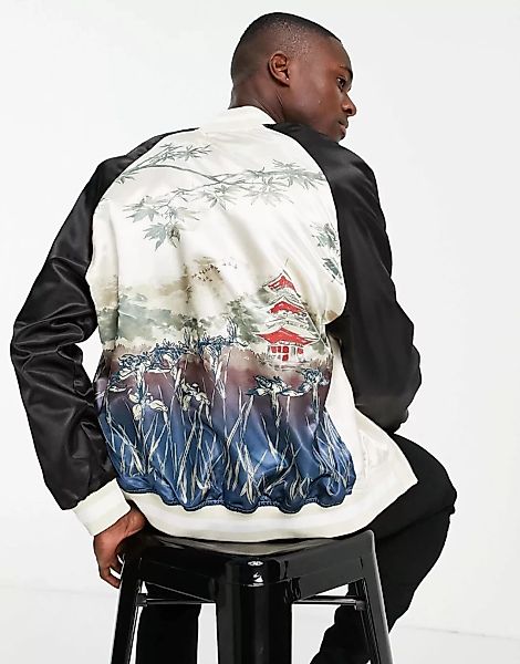 Topman – Souvenir – Jacke in Schwarz und Ecru mit Stickerei am Rücken-Mehrf günstig online kaufen