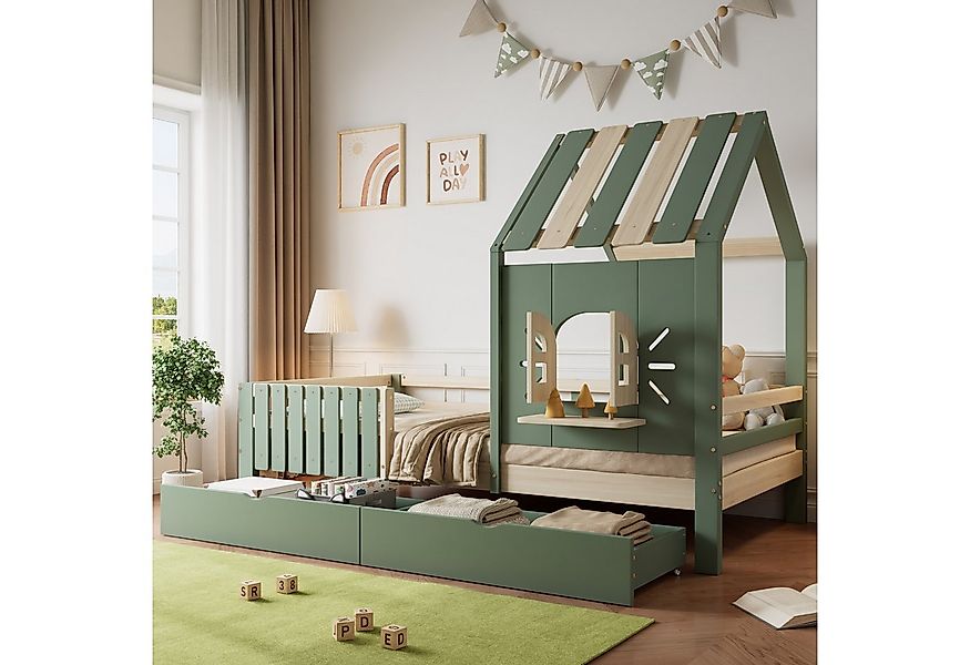 Flieks Kinderbett, Hausbett Einzelbett 90x200cm mit Dach und Fenster mit 2 günstig online kaufen