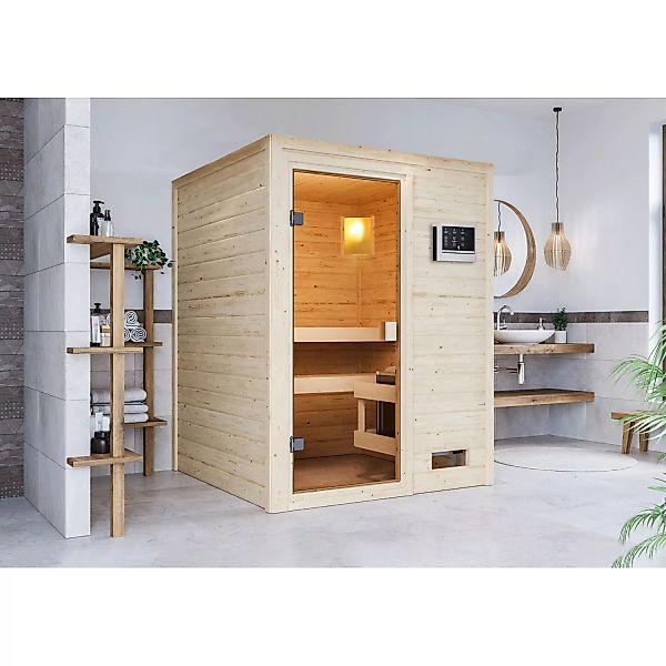 Woodfeeling Sauna Sandra inkl. 9 kW Ofen mit ext. Strg. Glastür günstig online kaufen