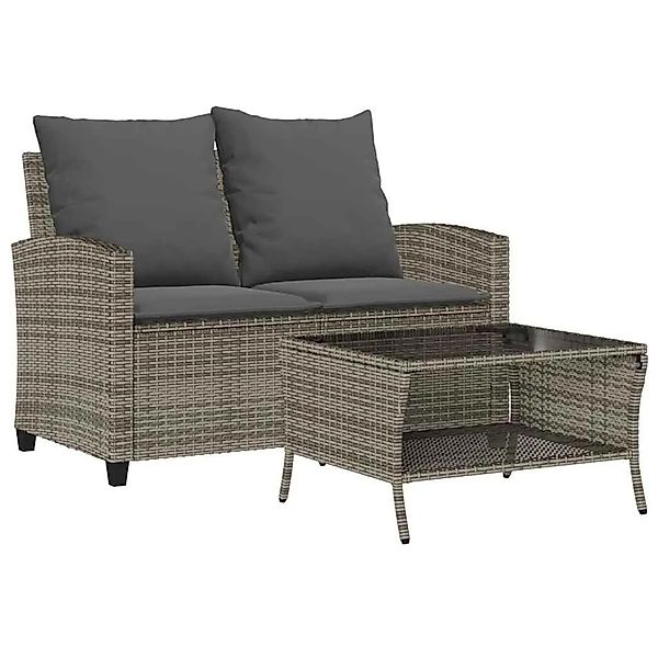 vidaXL Gartensofa 2-Sitzer mit Kissen & Tisch Grau Poly Rattan 4103847 günstig online kaufen