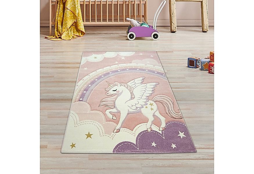 TeppichHome24 Kinderteppich Kinderzimmer Teppich Einhorn Regenbogen creme r günstig online kaufen