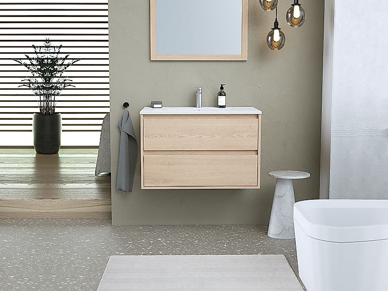 Waschbeckenunterschrank hängend mit Einbauwaschbecken - 80 cm - Eichenholzf günstig online kaufen