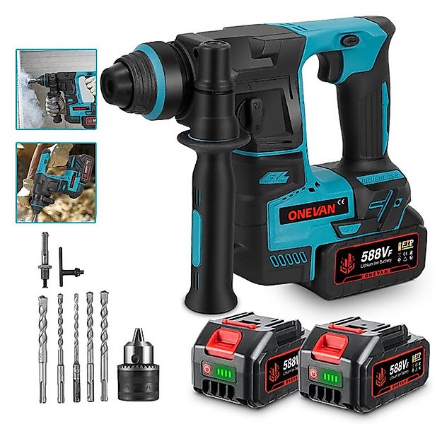ONEVAN Akku-Bohrhammer Bürstenloser SDS-Plus Schlagbohrhammer mit 2x Akkus, günstig online kaufen