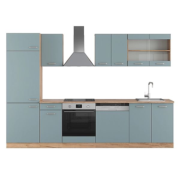 Vicco R-Line Küche Blau-Grau/Goldkraft Eiche 300 cm ohne Arbeitsplatte günstig online kaufen