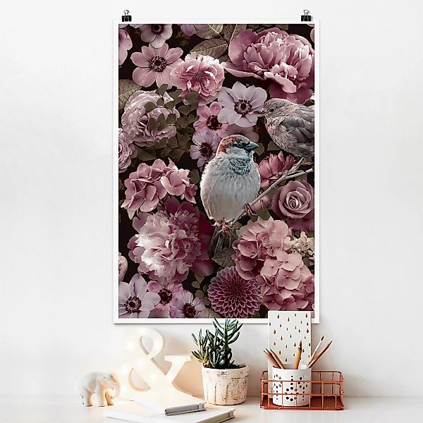 Poster Blumenparadies Spatzen in Altrosa günstig online kaufen