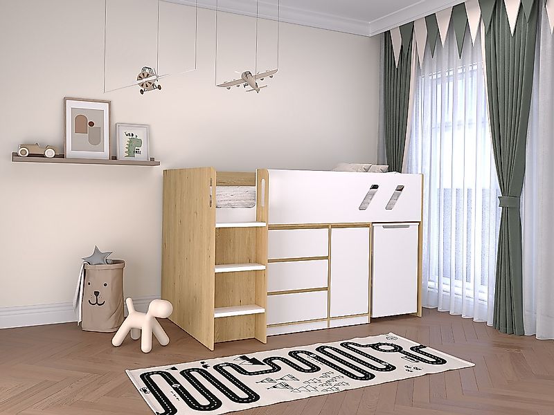 Kombi-Bett 90 x 190 cm - Mit Schreibtisch & Stauraum - Holzfarben & Weiß - günstig online kaufen