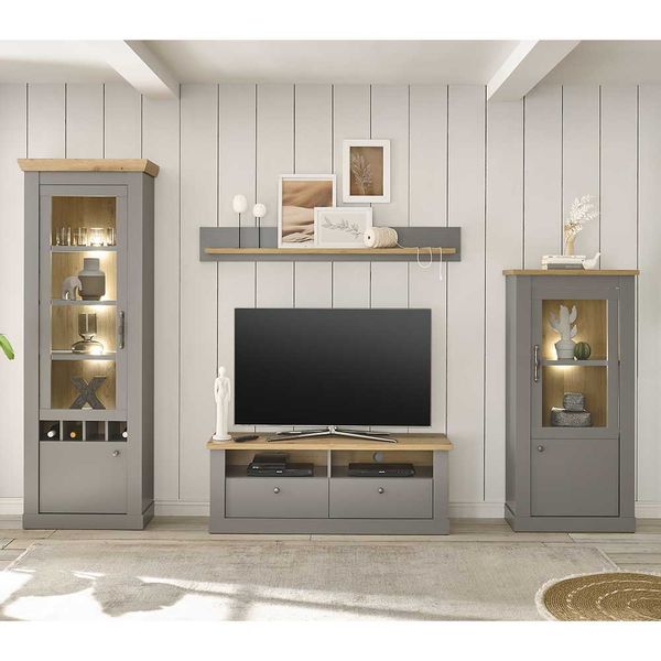 Graue Anbauwand im Landhausstil Metallgriffen (vierteilig) günstig online kaufen