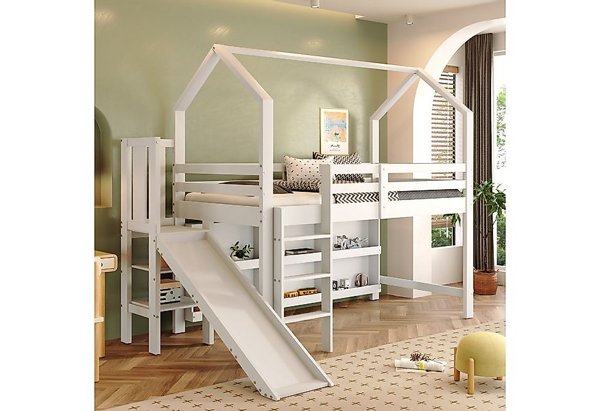 Flieks Hochbett Kinderbett 90x200cm mit Rutsche, Leiter und beweglichem Sch günstig online kaufen