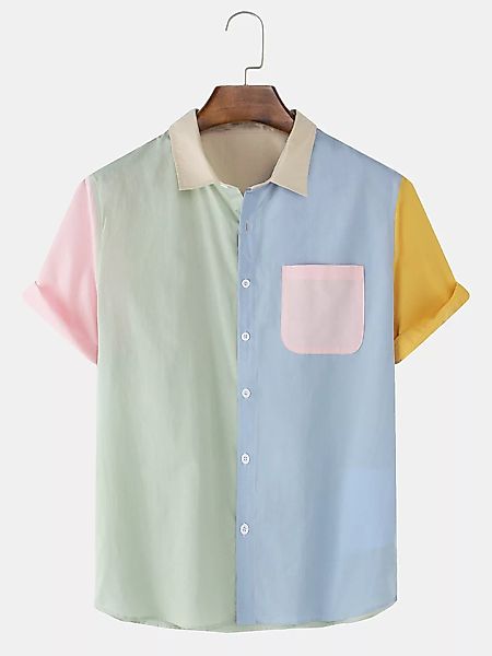 Herren 100% Baumwolle Patchwork Casual Kurzarmhemden mit Tasche günstig online kaufen