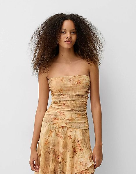 Bershka Mini-Chiffon-Kleid Mit Volants Und Print Damen M Camel günstig online kaufen