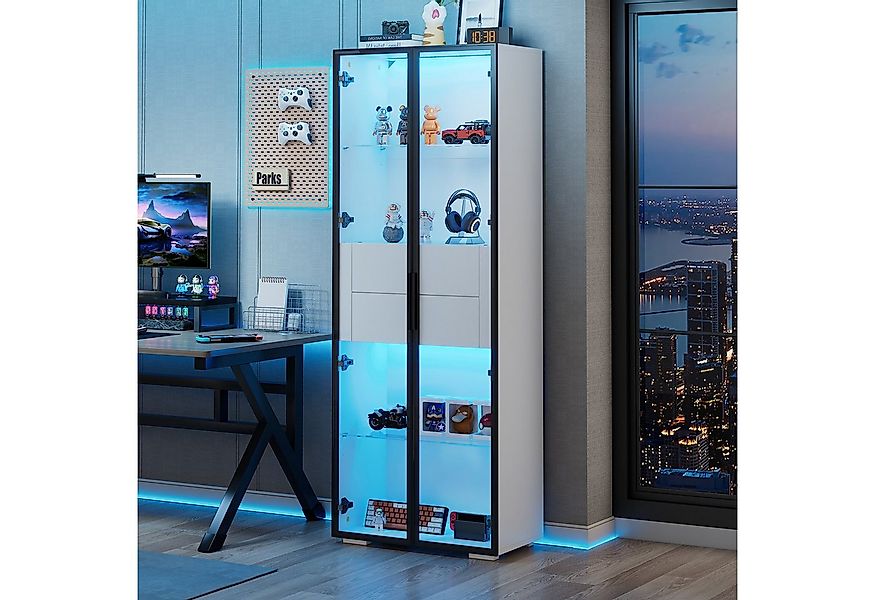 Merax Standvitrine Glasvitrine mit LED-Beleuchtung und Stauraum (Wohnzimmer günstig online kaufen