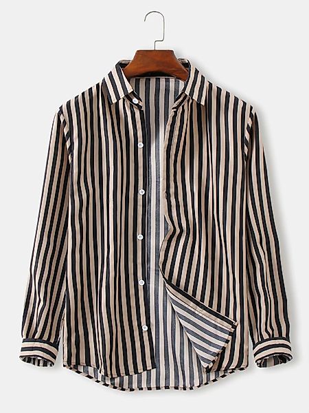 Herren Two Tone Stripe Revers Kragen Casual Relaxed Fit Langarm Shirts günstig online kaufen