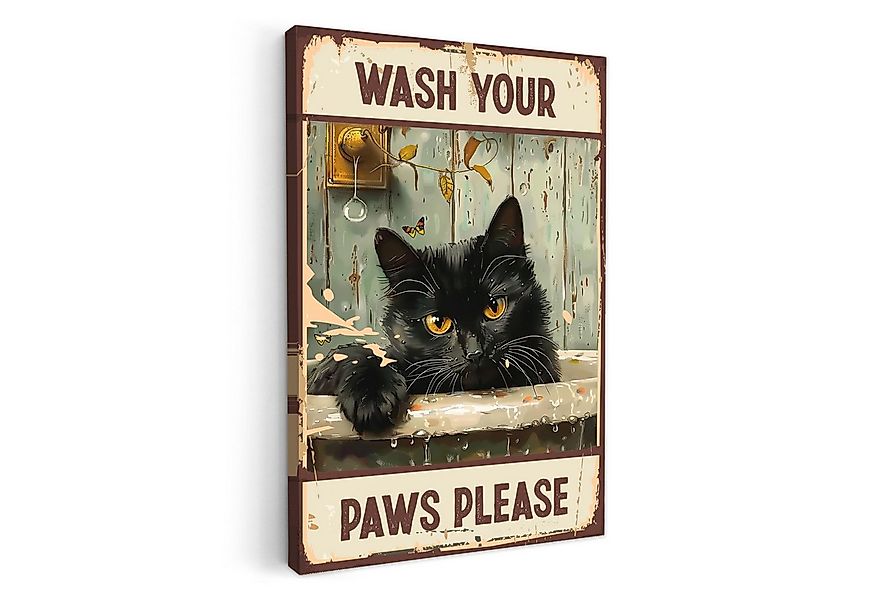 OneMillionCanvasses® Leinwandbild Vintage - Katze - Zitat - Wash your paws günstig online kaufen