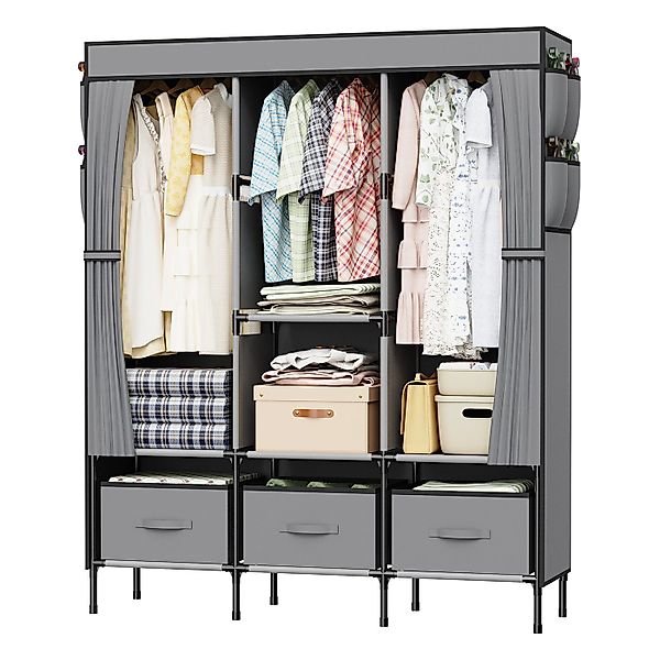 loefme Stoffschrank Kleiderschrank mit Kleiderstangen und 3 Aufbewahrungsbo günstig online kaufen