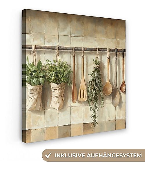 OneMillionCanvasses® Leinwandbild Holz - Küchengeräte - Stilleben - Kacheln günstig online kaufen