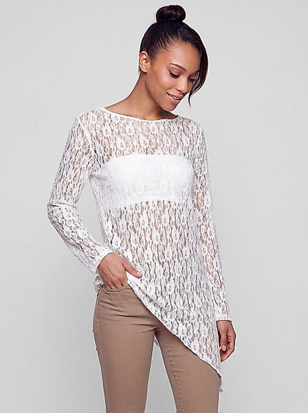 PEKIVESSA Spitzenshirt Langarm-Shirt aus Tüllspitze asymetrischer Schnitt günstig online kaufen