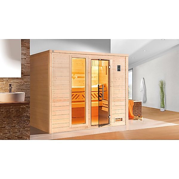 Weka Massivholzsauna Bergen 3 Sparset 7,5 kW BioS Glastür/Fenster günstig online kaufen